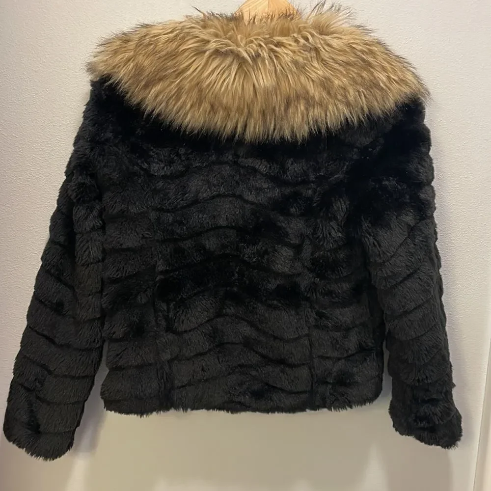 KAPOK Woman’s Black Faux Fur Coat With Faux Brown And Tan Trim Around The Neck
